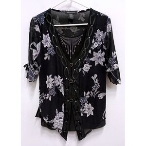 Vintage 90s Appointments Floral Mesh Layered Top Womens Large Black Rhinestone